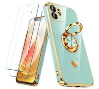 Nonional Custodia compatibile per iPhone 11 con 2 pellicole proteggi schermo, supporto ad anello girevole a 360° [motivo di cuori di lusso] custodia morbida sottile placcata oro per iPhone 11 - menta