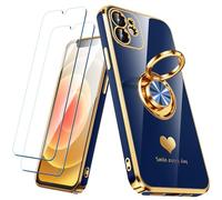 Nonional Custodia compatibile per iPhone 11 con 2 pellicole proteggi schermo, supporto ad anello girevole a 360° [motivo cuori di lusso] custodia morbida sottile placcata oro per iPhone 11 - blu