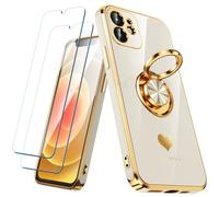 Nonional Custodia compatibile per iPhone 12 con 2 pellicole proteggi schermo, supporto ad anello girevole a 360° [motivo cuori di lusso] custodia morbida sottile placcata oro per iPhone 12 - bianco