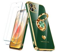 Nonional Custodia compatibile per iPhone 12 con 2 pellicole proteggi schermo, supporto ad anello girevole a 360° [motivo cuori di lusso] custodia morbida sottile placcata oro per iPhone 12 - verde