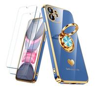 Nonional Custodia compatibile per iPhone 12 con 2 pellicole proteggi schermo, supporto ad anello girevole a 360° [motivo cuori di lusso] custodia morbida sottile placcata oro per iPhone 12 - Blu lago