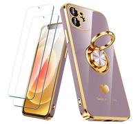 Nonional Custodia compatibile per iPhone 12 con 2 pellicole proteggi schermo, supporto ad anello girevole a 360° [motivo di cuori di lusso] custodia morbida sottile placcata oro per iPhone 12 - viola