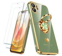Nonional Custodia compatibile per iPhone 12 con 2 pellicole proteggi schermo, supporto ad anello girevole a 360° [motivo cuori di lusso] custodia morbida sottile placcata oro per iPhone 12 - verde