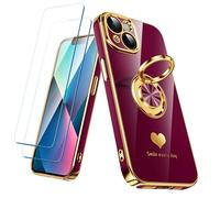 Nonional Custodia compatibile per iPhone 13 con 2 pellicole proteggi schermo, supporto ad anello girevole a 360° [motivo di cuori di lusso] custodia morbida sottile placcata oro per iPhone 13 - vino
