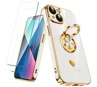 Nonional Custodia compatibile per iPhone 13 con 2 pellicole proteggi schermo, supporto ad anello girevole a 360° [motivo cuori di lusso] custodia morbida sottile placcata oro per iPhone 13 - bianco
