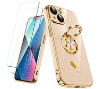 Nonional Custodia compatibile per iPhone 13 con 2 pellicole proteggi schermo, supporto ad anello girevole a 360° [motivo cuori di lusso] custodia morbida sottile placcata oro per iPhone 13 - rosa