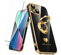 Nonional Custodia compatibile per iPhone 13 con 2 pellicole proteggi schermo, supporto ad anello girevole a 360° [motivo cuori di lusso] custodia morbida sottile placcata oro per iPhone 13 - nero