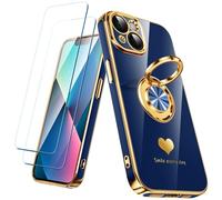 Nonional Custodia compatibile per iPhone 13 con 2 pellicole proteggi schermo, supporto ad anello girevole a 360° [motivo cuori di lusso] custodia morbida sottile placcata oro per iPhone 13 - blu
