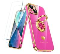 Nonional Custodia compatibile per iPhone 13 con 2 pellicole proteggi schermo, supporto ad anello girevole a 360° [motivo cuori di lusso] custodia morbida sottile placcata oro per iPhone 13 - rosa