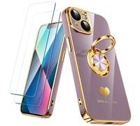 Nonional Custodia compatibile per iPhone 13 con 2 pellicole protettive per lo schermo, supporto ad anello girevole a 360° [motivo cuori di lusso] custodia morbida sottile placcata oro per iPhone 13 -
