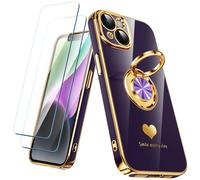 Nonional Custodia compatibile per iPhone 14 con 2 pellicole proteggi schermo, supporto ad anello girevole a 360° [motivo cuori di lusso] custodia morbida sottile placcata oro per iPhone 14 - viola