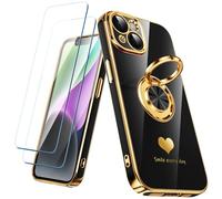 Nonional Custodia compatibile per iPhone 14 con 2 pellicole proteggi schermo, supporto ad anello girevole a 360° [motivo cuori di lusso] custodia morbida sottile placcata oro per iPhone 14 - nero