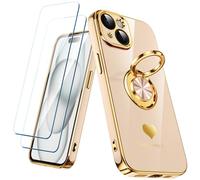 Nonional Custodia compatibile per iPhone 15 con 2 pellicole proteggi schermo, supporto ad anello girevole a 360° [motivo di cuori di lusso] custodia morbida sottile placcata oro per iPhone 15 - rosa