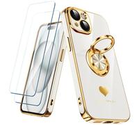 Nonional Custodia compatibile per iPhone 15 con 2 pellicole proteggi schermo, supporto ad anello girevole a 360° [motivo cuori di lusso] custodia morbida sottile placcata oro per iPhone 15 - bianco
