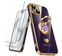 Nonional Custodia compatibile per iPhone 15 con 2 pellicole proteggi schermo, supporto ad anello girevole a 360° [motivo di cuori di lusso] custodia morbida sottile placcata oro per iPhone 15 - viola