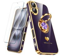 Nonional Custodia compatibile per iPhone 16 con 2 pellicole proteggi schermo, supporto ad anello girevole a 360° [motivo di cuori di lusso] custodia morbida sottile placcata oro per iPhone 16 - viola