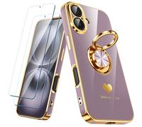 Nonional Custodia compatibile per iPhone 16 con 2 pellicole proteggi schermo, supporto ad anello girevole a 360° [motivo di cuori di lusso] custodia morbida sottile placcata oro per iPhone 16 - viola