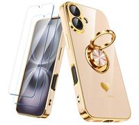 Nonional Custodia compatibile per iPhone 16 con 2 pellicole proteggi schermo, supporto ad anello girevole a 360° [motivo di cuori di lusso] custodia morbida sottile placcata oro per iPhone 16 - rosa