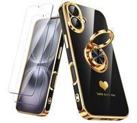 Nonional Custodia compatibile per iPhone 16 con 2 pellicole proteggi schermo, supporto ad anello girevole a 360° [motivo di cuori di lusso] custodia morbida sottile placcata oro per iPhone 16 - nero
