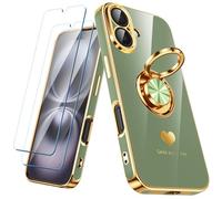 Nonional Custodia compatibile per iPhone 16 con 2 pellicole protettive per lo schermo, supporto ad anello girevole a 360° [motivo cuori di lusso] custodia morbida sottile placcata oro per iPhone 16 -