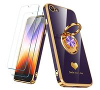 Nonional Custodia compatibile per iPhone SE/8/7 con 2 pellicole proteggi schermo, supporto ad anello girevole a 360° [motivo cuori di lusso] custodia morbida sottile placcata oro per iPhone SE/8/7,