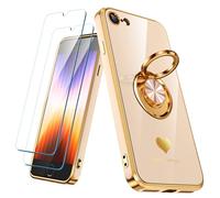 Nonional Custodia compatibile per iPhone SE/8/7 con 2 pellicole proteggi schermo, supporto ad anello girevole a 360° [motivo cuori di lusso] custodia morbida sottile placcata oro per iPhone SE/8/7 -