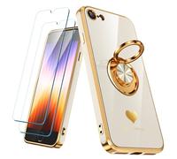 Nonional Custodia compatibile per iPhone SE/8/7 con 2 pellicole proteggi schermo, supporto ad anello girevole a 360° [motivo a cuori di lusso] custodia morbida sottile con bordo dorato per iPhone