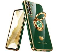 Nonional Custodia morbida per Samsung Galaxy S22 5G, supporto ad anello girevole a 360° [motivo di cuori di lusso] custodia morbida sottile con bordo dorato per Galaxy S22, colore verde