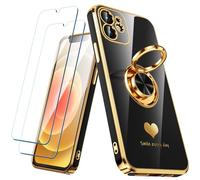 Nonional Custodia per iPhone 12/iPhone 12 Pro con 2 pellicole protettive per lo schermo, supporto ad anello girevole a 360° [motivo cuori di lusso] custodia morbida sottile con bordo dorato per iPhone