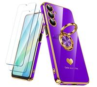 Nonional Custodia per Samsung Galaxy A16 5G con 2 pellicole proteggi schermo, supporto ad anello girevole a 360° [motivo cuori di lusso] custodia morbida sottile placcata con bordo dorato per Galaxy