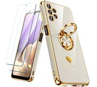 Nonional Custodia per Samsung Galaxy A32 5G con 2 pellicole proteggi schermo, supporto ad anello girevole a 360° [motivo cuori di lusso] custodia morbida sottile placcata con bordo dorato per Galaxy