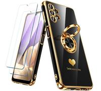 Nonional Custodia per Samsung Galaxy A32 5G con 2 pellicole proteggi schermo, supporto ad anello girevole a 360° [motivo cuori di lusso] custodia morbida sottile placcata con bordo dorato per Galaxy