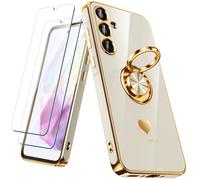 Nonional Custodia per Samsung Galaxy A35 5G con 2 pellicole proteggi schermo, supporto ad anello girevole a 360° [motivo cuori di lusso] custodia morbida sottile placcata oro per Galaxy A35 - bianco