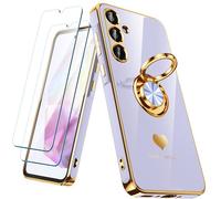 Nonional Custodia per Samsung Galaxy A35 5G con 2 pellicole protettive per lo schermo, supporto ad anello girevole a 360° [motivo cuori di lusso] custodia morbida sottile placcata con bordo dorato,