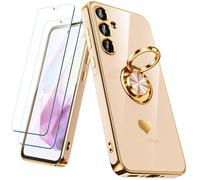 Nonional Custodia per Samsung Galaxy A35 5G con 2 pellicole protettive per lo schermo, supporto ad anello girevole a 360° [motivo cuori di lusso] custodia morbida sottile placcata con bordo dorato per
