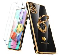 Nonional Custodia per Samsung Galaxy A51 4G con 2 pellicole proteggi schermo, supporto ad anello girevole a 360° [motivo cuori di lusso] custodia morbida sottile placcata con bordo dorato per Galaxy