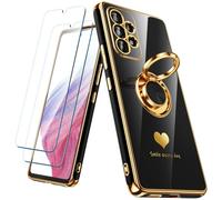 Nonional Custodia per Samsung Galaxy A53 5G con 2 pellicole proteggi schermo, supporto ad anello girevole a 360° [motivo cuori di lusso] custodia morbida sottile placcata con bordo dorato per Galaxy