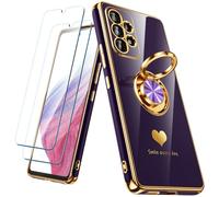 Nonional Custodia per Samsung Galaxy A53 5G con 2 pellicole proteggi schermo, supporto ad anello girevole a 360° [motivo cuori di lusso] custodia morbida sottile placcata con bordo dorato per Galaxy