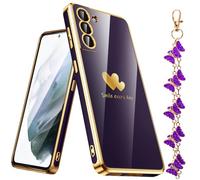 Nonional Custodia per Samsung Galaxy S21 5G con cordino da polso [a forma di farfalla], lussuosa custodia morbida e sottile con motivo a doppio cuore placcato con bordo dorato, custodia morbida per