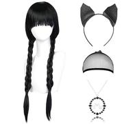 NOOLUSI Parrucca Mercoledi, Parrucca Nera con Frangia, Wednesday Parrucche Intrecciate Nere con Collana e Fascia per Capelli, Mercoledi Costume per Cosplay Halloween Carnevale Party