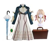 Noowye Violet Evergarden Cosplay Costume Anime Donna Vestito Uniforme con Puntelli Pizzo Ciondolo Pietra Verde Parrucca Halloween Cos per i fan
