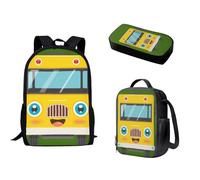 Nopersonality Set di 3 zaini classici di base, grande portapranzo, multifunzione, astuccio per matite e penne, materiale scolastico, Macchina dei cartoni animati.
