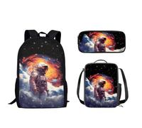 Nopersonality Set di 3 zaini per bambini con portapranzo isolato con porta bottiglia d'acqua, astuccio resistente per scuola e ufficio, Cool Astronauta