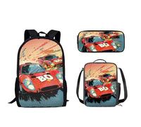 Nopersonality Set di 3 zaini per bambini con portapranzo isolato con porta bottiglia d'acqua, astuccio resistente per scuola e ufficio, Auto da corsa.