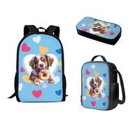 Nopersonality Set di 3 zaini per bambini per ragazza ragazzo casual zaino da viaggio per laptop piccolo contenitore per il pranzo astuccio portapenne per studenti, Cuore Cane
