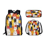 Nopersonality Set di 3 zaini per bambini per ragazza ragazzo casual zaino da viaggio per laptop piccolo contenitore per il pranzo astuccio portapenne per studenti, Gatti colorati.