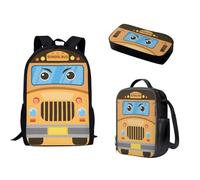 Nopersonality Set di 3 zaini per bambini per ragazza ragazzo casual zaino da viaggio per laptop piccolo contenitore per il pranzo astuccio portapenne per studenti, Macchina dei cartoni animati.