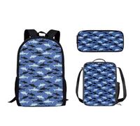 Nopersonality Set di 3 zaini per bambini per ragazza ragazzo casual zaino da viaggio per laptop piccolo contenitore per il pranzo astuccio portapenne per studenti, Squalo