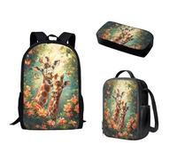 Nopersonality Set di 3 zaini per bambini per ragazza ragazzo casual zaino da viaggio per laptop piccolo contenitore per il pranzo astuccio portapenne per studenti, Cervo