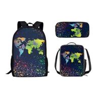 Nopersonality Set di 3 zaini per bambini, portatile, impermeabile, per la scuola, per ragazze, ragazzi, adulti, Mappa del mondo.